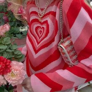 Love Heart Print Sweater Long Sleeve Oneck Knitted Pullover 🥰 ❤️ Pink Red